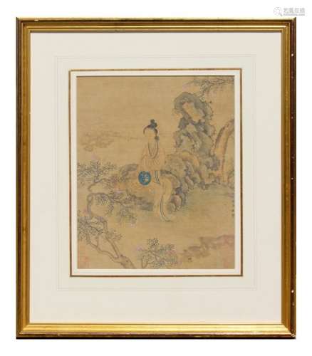 A 19th century Chinese painting on silk depicting a lady seated in a garden holding a fan, with