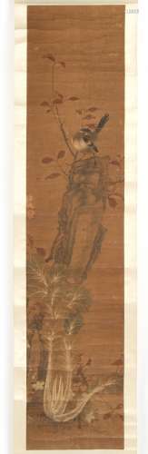 A late 19th / early 20th century Chinese scroll painting on paper depicting a bird on rockwork