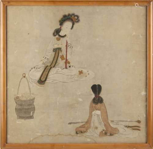 A Chinese painting on paper depicting a seated lady with attendant, 17th / 18th century, the