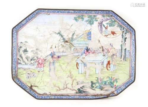 Property of a lady - a Chinese Canton enamel tray, 18th century, decorated with figures in a garden,