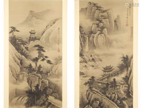 Property of a gentleman - Qi Da Shou (b.1922) - 'CASCADES IN THE TAI MOUNTAIN' - a pair of Chinese