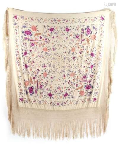 Property of a lady - a Chinese silk shawl, late 19th / early 20th century, embroidered with