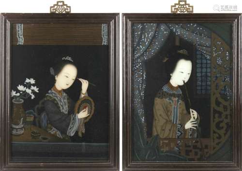 Property of a gentleman - a pair of Chinese reverse paintings on glass, one depicting a lady