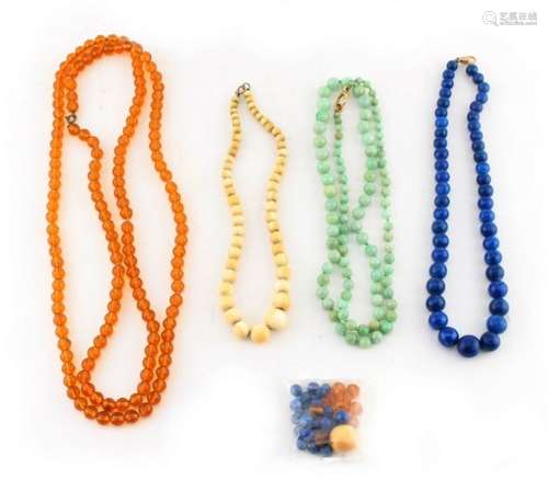 Property of a deceased estate - a Chinese jadeite bead necklace; together with a lapis lazuli bead