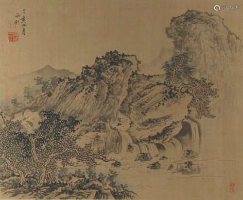 Property of a lady - a Chinese painting on silk depicting a mountainous landscape, with