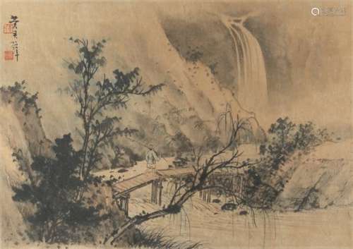 Property of a lady - a Chinese painting on paper depicting a fisherman crossing a bridge in