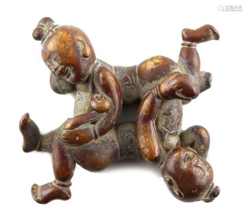 Property of a lady - a Chinese bronze scroll weight modelled as the Hehe Erxian twins, 2.7ins. (6.