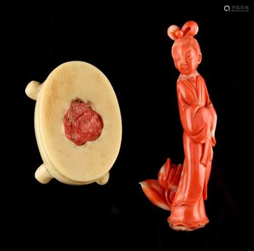 property of a lady - a late 19th / early 20th century Chinese carved coral figure of Guanyin, head