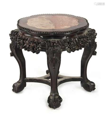 Property of a lady - a late 19th / early 20th century Chinese carved hongmu stand with pink marble