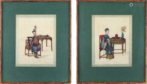 Property of a lady - a pair of 19th century Chinese paintings on pith paper, each depicting a lady