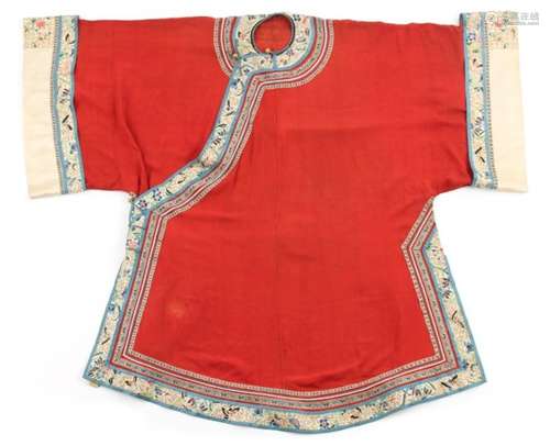 A late 19th century Chinese embroidered silk lady's robe, with red ground.