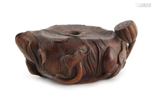 An unusual late 19th century Chinese carved bamboo water dropper modelled as a lotus pod, 5.