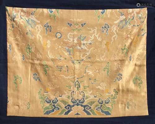 A Chinese zhijin embroidered silk dragon panel, 17th / 18th century, mounted on a later dark blue