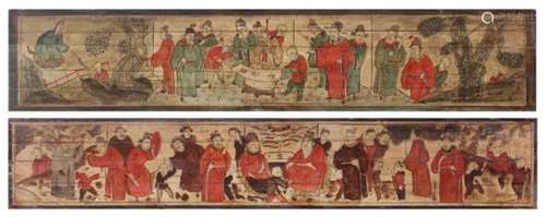 Property of a gentleman - two Chinese painted wood long panels, each depicting scholars & other