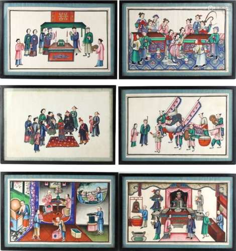 Property of a lady - a set of six 19th century Chinese paintings on pith paper depicting court