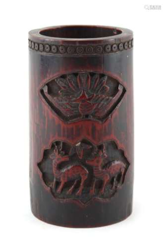Property of a lady - a Chinese bamboo brush pot, bitong, late 17th / early 18th century, with carved