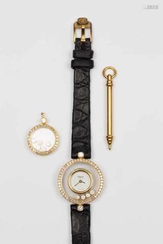 Chopard, Happy Diamonds, gouden dameshorloge en een hangerHorloge met vier Happy Diamonds, lunette