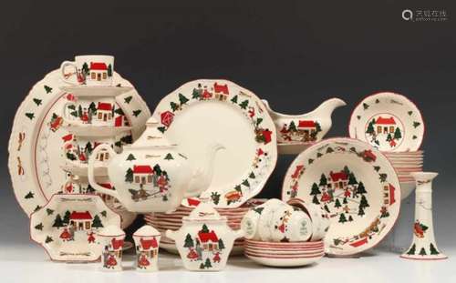 Mason's aardewerk servies, 'Christmas Village', designed 1983,bestaande uit: theepot, melk- en