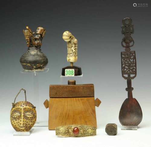 Sumatra, Batak, pukpuk container with wooden stopper, janus figure riding Singhaherewith six various