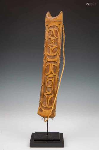 PNG, Sepik, bamboo spear thrower, wooden pounder and Asmatopen worked wooden panel with