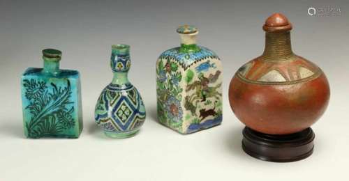 North Africa, Maghreb, painted ceramic oil containerherewith three Persian and one African