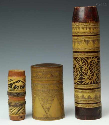 Indonesia, four bambo containersone Dayak container with geometrical pattern; zkj150