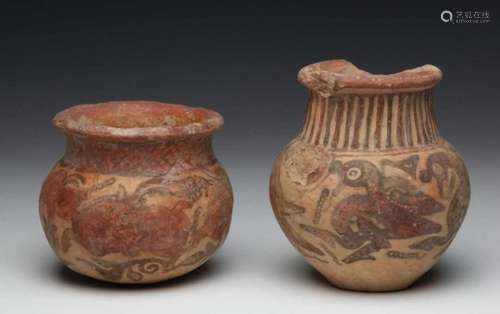 India, Indus Valley, two red terracotta pots, ca. 1500 BC.,one with painted ducks, the other with