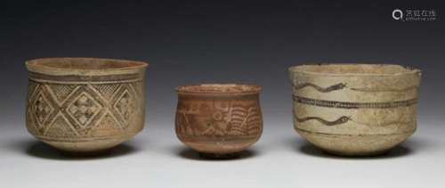 Indus Valei, Pakistan, Mehrgarh, 3000-2400 BC., three terracotta bowls,one with depiction of two