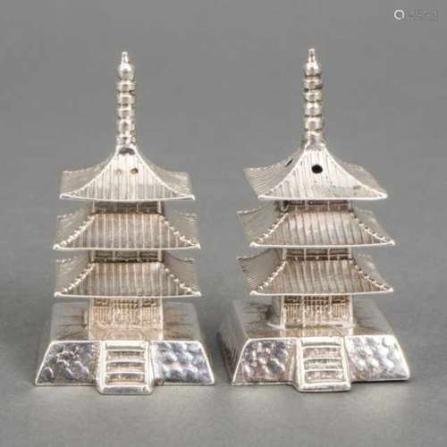 Pair of sterling silver salt and pepper shakers in the shape of a three-story pagoda, Japan6