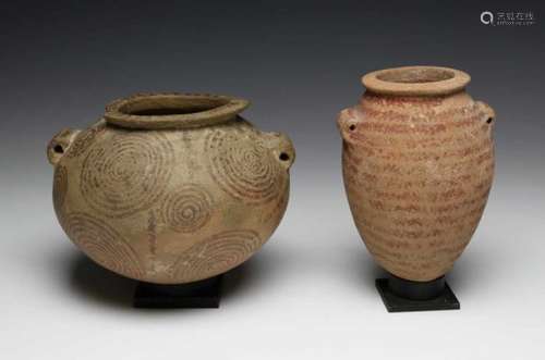 Egypt, two terracotta pots, Nagada Period, 4th-3rd Mill BC.,one bulbous with cecoration of spiral