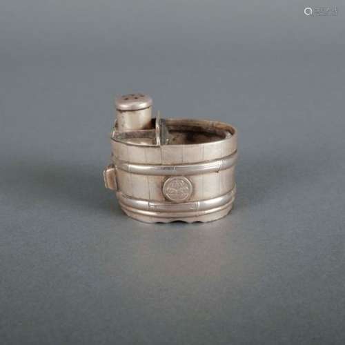 Sterling silver salt and pepper cellar in the shape of a barrel, both sides are marked with a