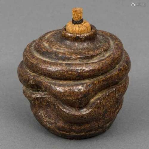 Bizen ware furidashi, or candy container, with horizontal ribs and three indentations for the