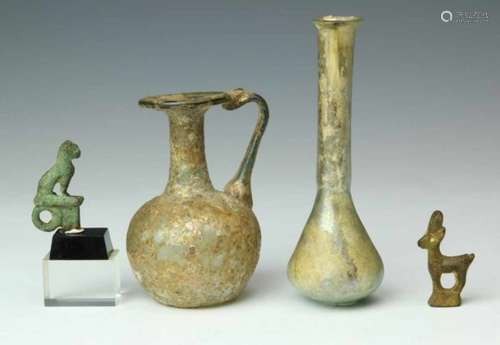 Two Roman glass flask, one flask with a handle, 2nd/3th century, and two antique bronze animal