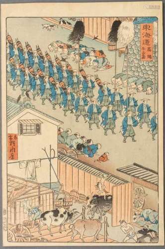 Kawanabe Kyôsai (1831-1889), woodblock print: 'Takanawa ushigoya', or 'Cattle Sheds at Takanawa',