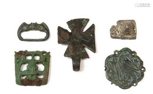 Collection of five various antique bronze amulets and fragments;one Limoge open worked belt