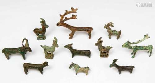 Luristan, collection of eleven bronzen sculptures of deer, ca. 1000-650 BC.in various shapes and