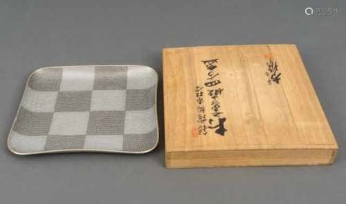 Kobayashi Shomin (1912-1994), square hammered metal serving tray decorated with a checkerboard