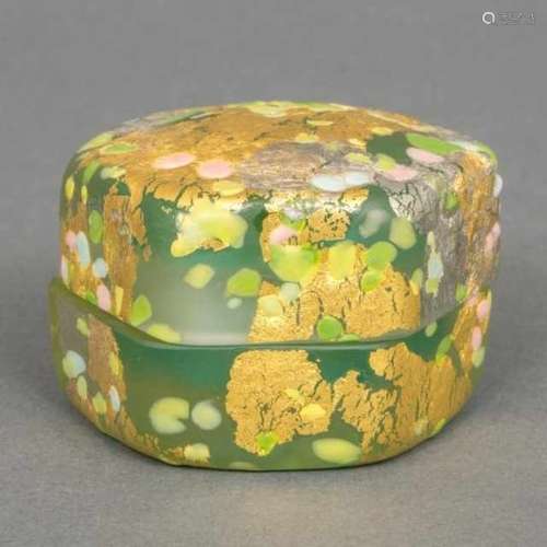 Kyôhei Fujita (1921-2004), hexagonal green glass kôgô decorated with polychrome glass and gold foil,