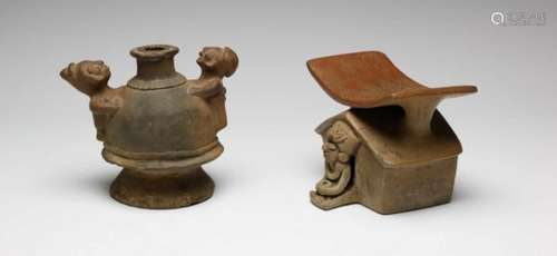 Equador, two terracotta objects, one with old collection number in whiteon vase with a standing