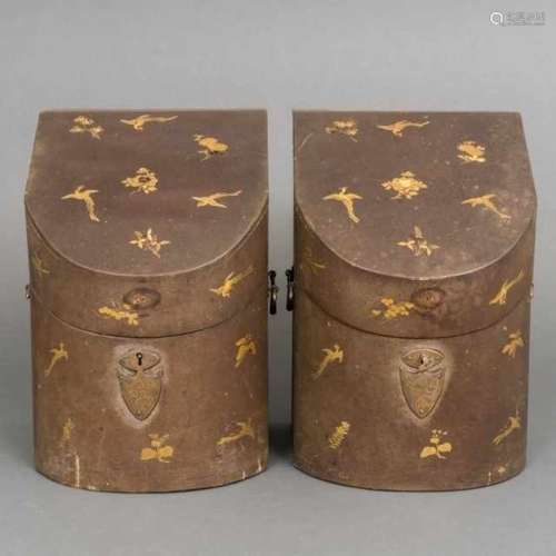 Pair of Japanese export lacquer knife boxes with scattered decoration of gilt birds and flowers,