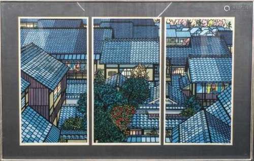 Clifton Karhu (1927-2007), woodblock print: 'Nishijin Roofs', 43/100, Japan, signed and dated '83 in