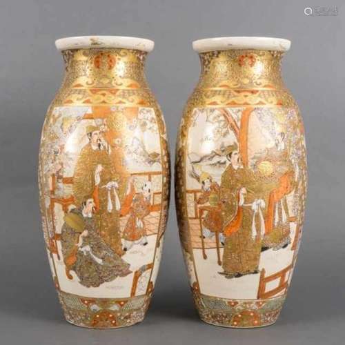 Pair of Satsuma vases decorated with different figural scenes in cartouches, Japan, not signed,