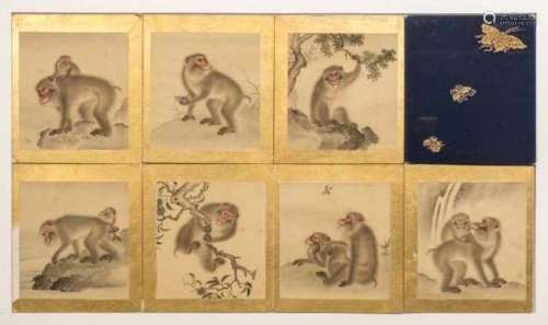 School of Mori Sosen: series of seven small coloured paintings on silk of different monkey scenes,