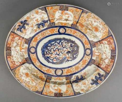 Oval porcelain Imari dish, the centre decorated with a dragon, the cartouches on the border