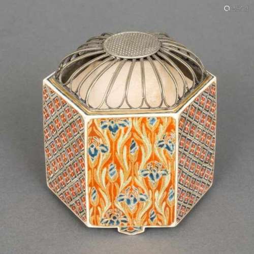 Hexagonal Imperial Satsuma kôro with open silver chrysanthemum-shaped cover, the side panels with