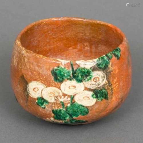 Raku Kichizaemon IX / Ryonyu (1756-1834), aka-raku ware chawan with chrysanthemum motif on the