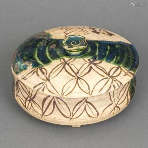 Ao-Oribe ware covered bowl with green-white glaze and multiple abstract motifs, Japan, not signed,