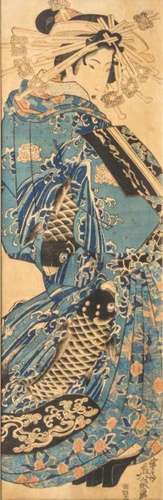 Keisai Eisen (1790-1848), kakemono-e: bijin parading in kimono patterned with leaping carp, Japan,