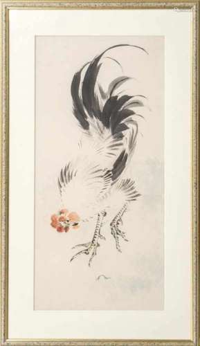 Sumi-e: rooster staring at a crawling caterpillar, Japan, sumi and colour on paper, not signed,