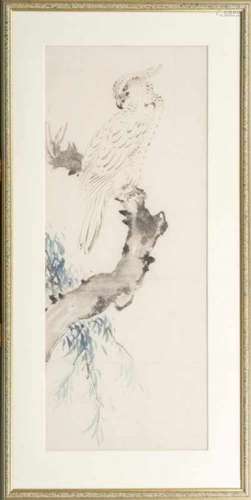 Sumi-e: white eagle sitting on a branch, Japan, sumi and colour on paper, not signed, second half